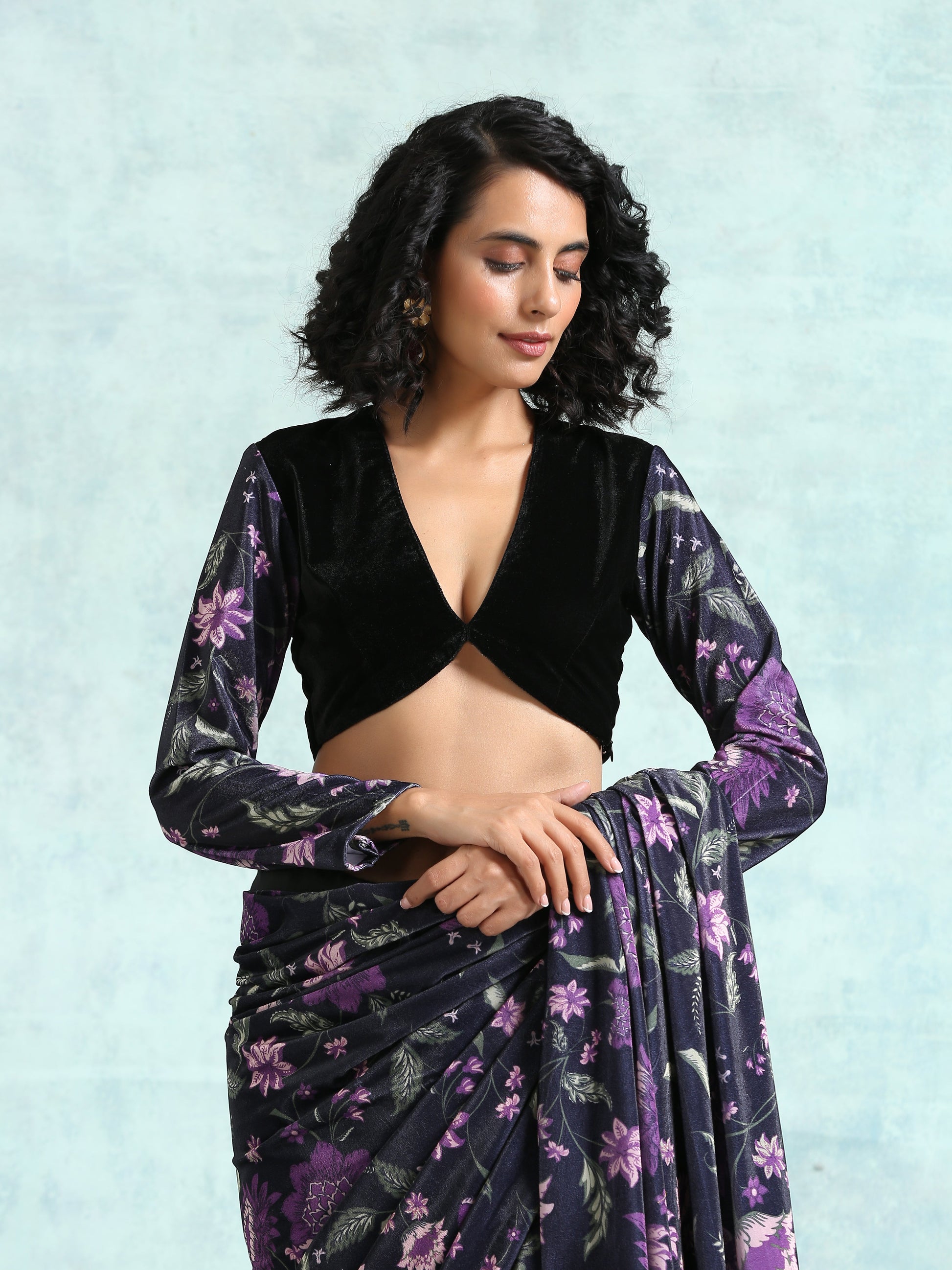 trueBrowns Black Printed Sleeve Velvet Blouse | Swadesiicart