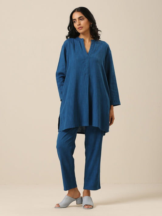 trueBrowns Classic Blue Slub Texture Relax Fit Co-Ord Set - Swadesiicart
