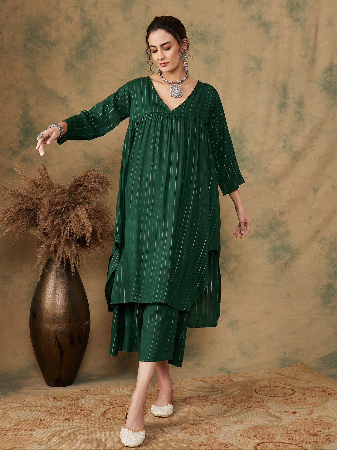 InWeave Women's Pine Green Lurex Flared V Neck Kurta Palazzo Set - Swadesiicart