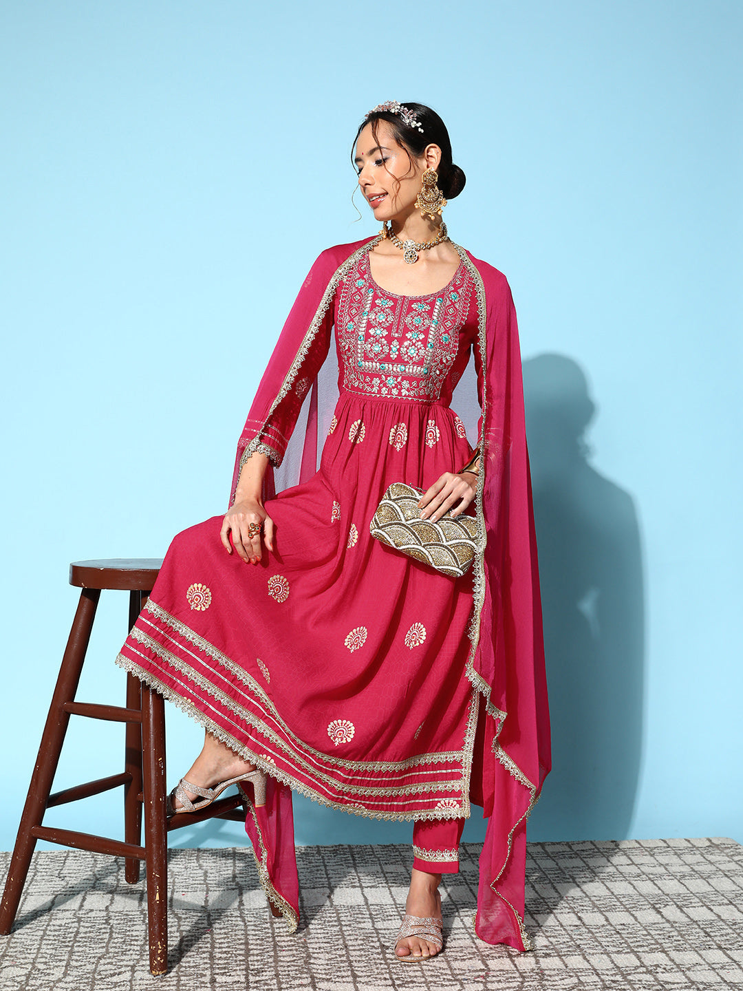 InWeave Women's Pink Nyra Cut Embroidered Kurta Set With Dupatta - Swadesiicart
