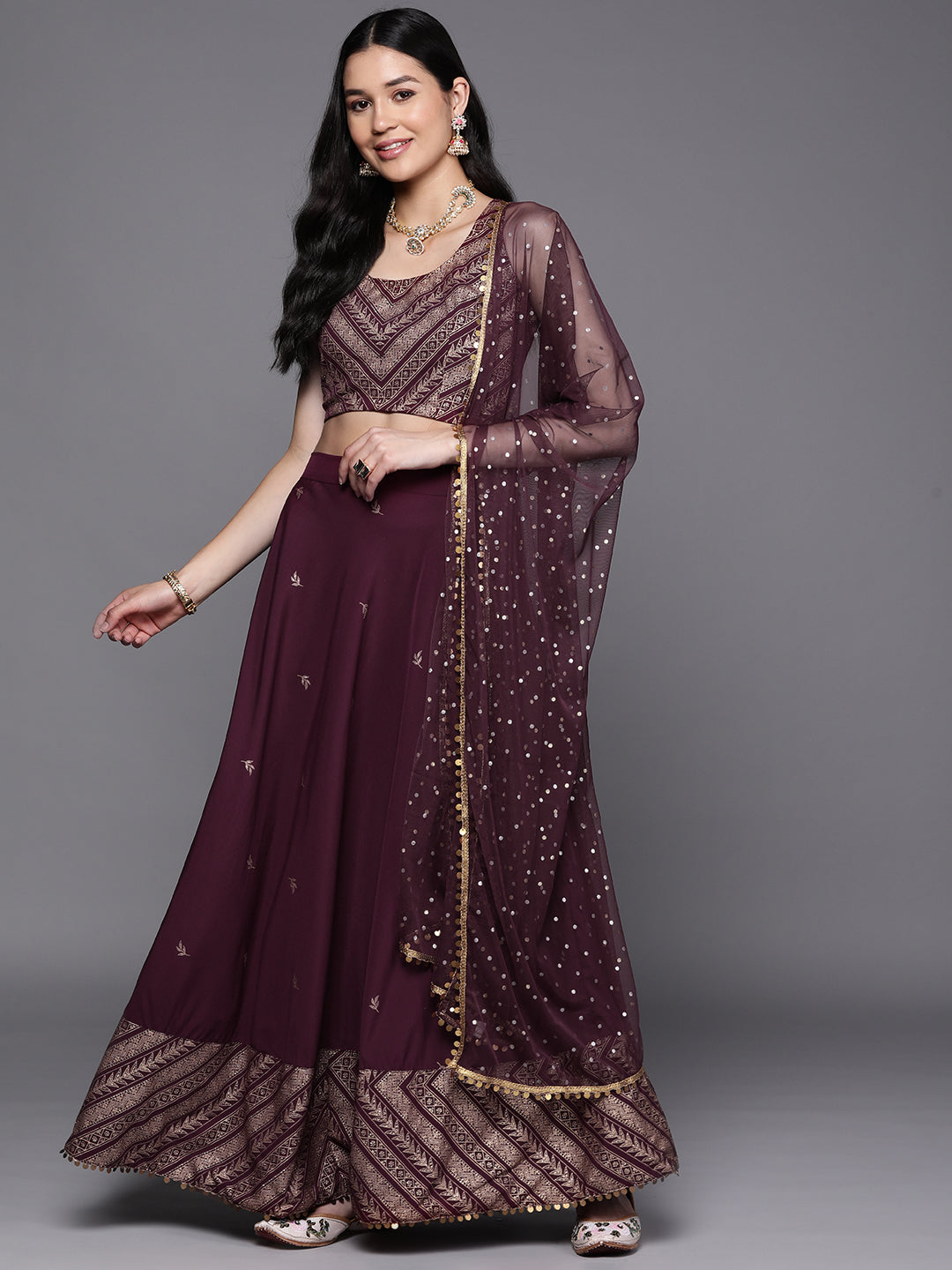 Indian Clothing Ahalyaa Purple & Gold-Toned Printed Sequinned Foil Print Ready to Wear Lehenga & Blouse With Dupatta | Swadesiicart