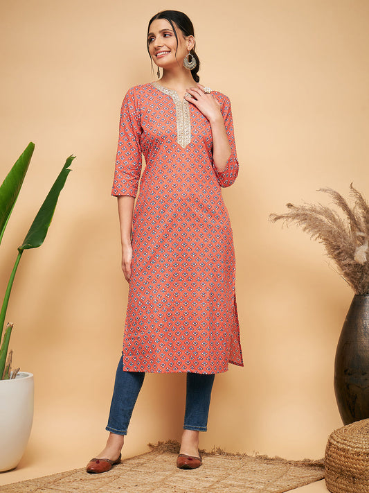 InWeave Women's Coral Blue Boota Print Gota Straight Kurta - Swadesiicart