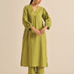 trueBrowns Fresh Green Dobby Puff Sleeve Kurta Pant Set | Swadesiicart