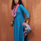 trueBrowns Blue Cotton Flared Anarkali Kurta Set | Swadesiicart