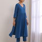 trueBrowns Classic Blue Dobby High Slit Gathered Kurta Set | Swadesiicart