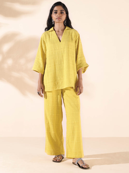 trueBrowns Lime Cotton Dobby V-Neck Co-ord Set - Swadesiicart