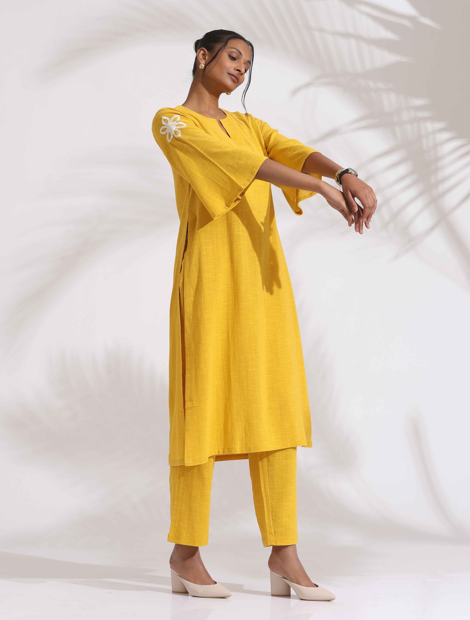 trueBrowns Yellow Cotton Slub Embroidered Straight Kurta Set | Swadesiicart