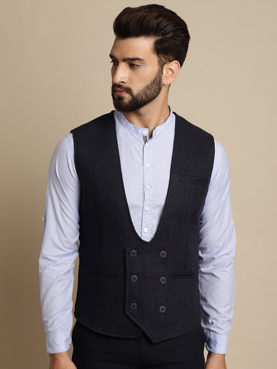 Even Apparels Men's Blue Woolen Double Breast Waistcoat | Swadesiicart