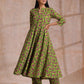 trueBrowns Lime Green Overall Pink Floral Block Print Cotton Flared Kurta Pant Set | Swadesiicart