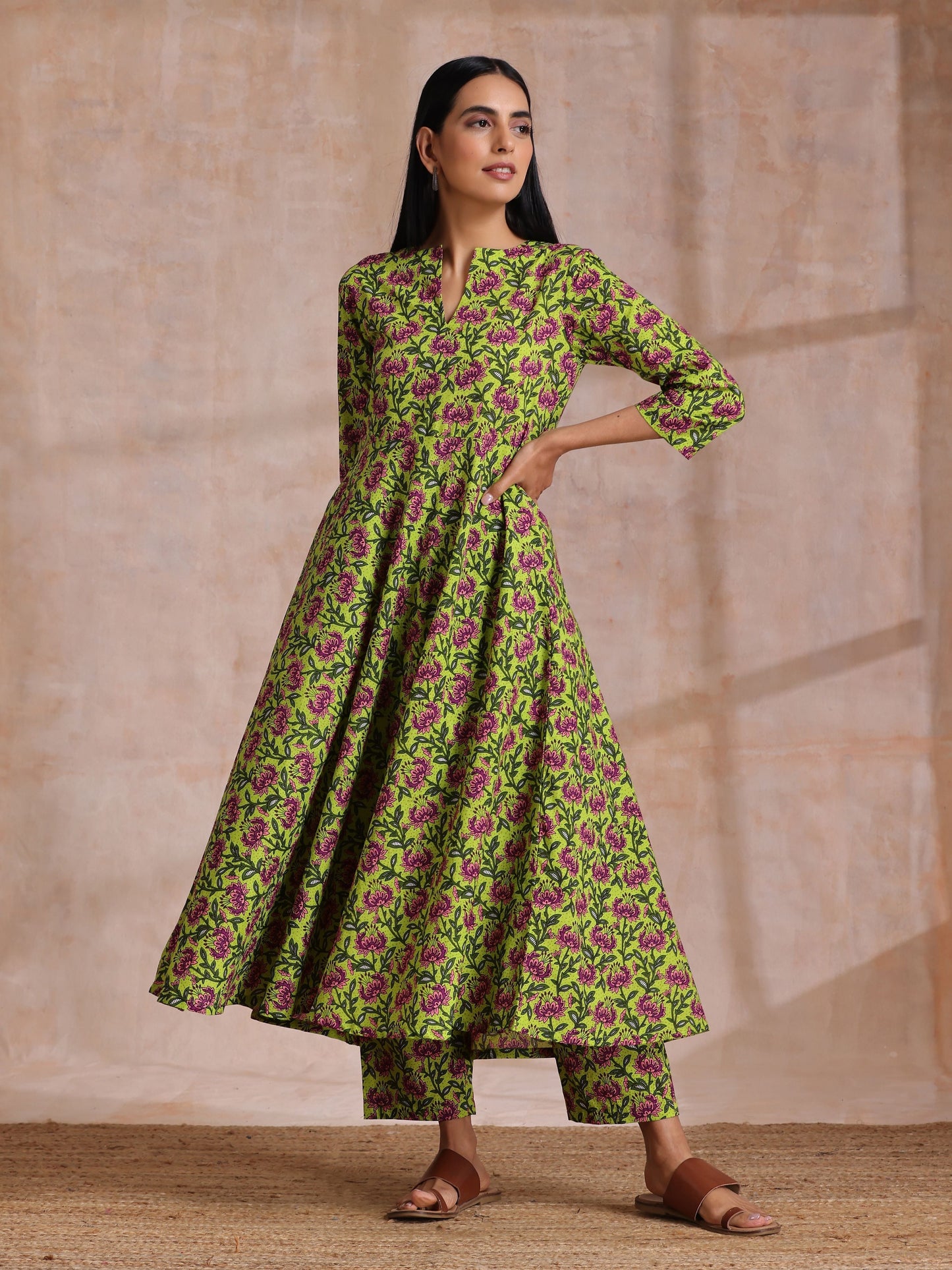 trueBrowns Lime Green Overall Pink Floral Block Print Cotton Flared Kurta Pant Set | Swadesiicart