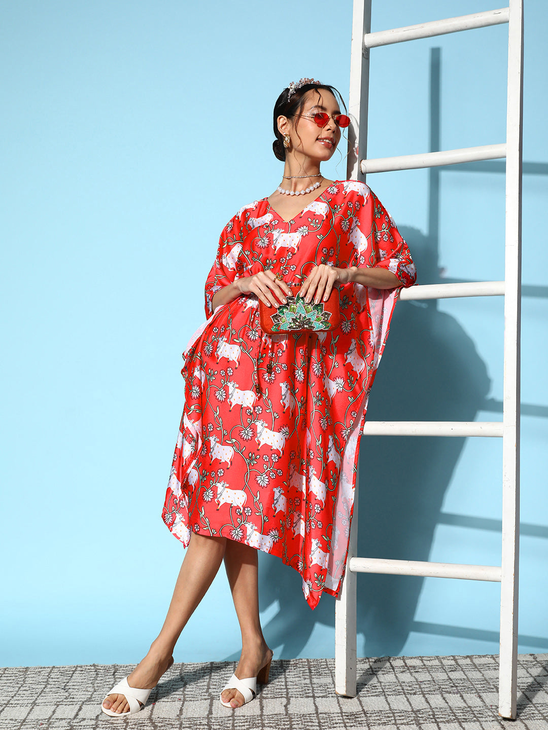 InWeave Women's Bright Pink Indian Bull Print Kaftan - Swadesiicart