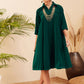 InWeave Women's Teal Velvet Collared Neck Flared Midi Dress - Swadesiicart