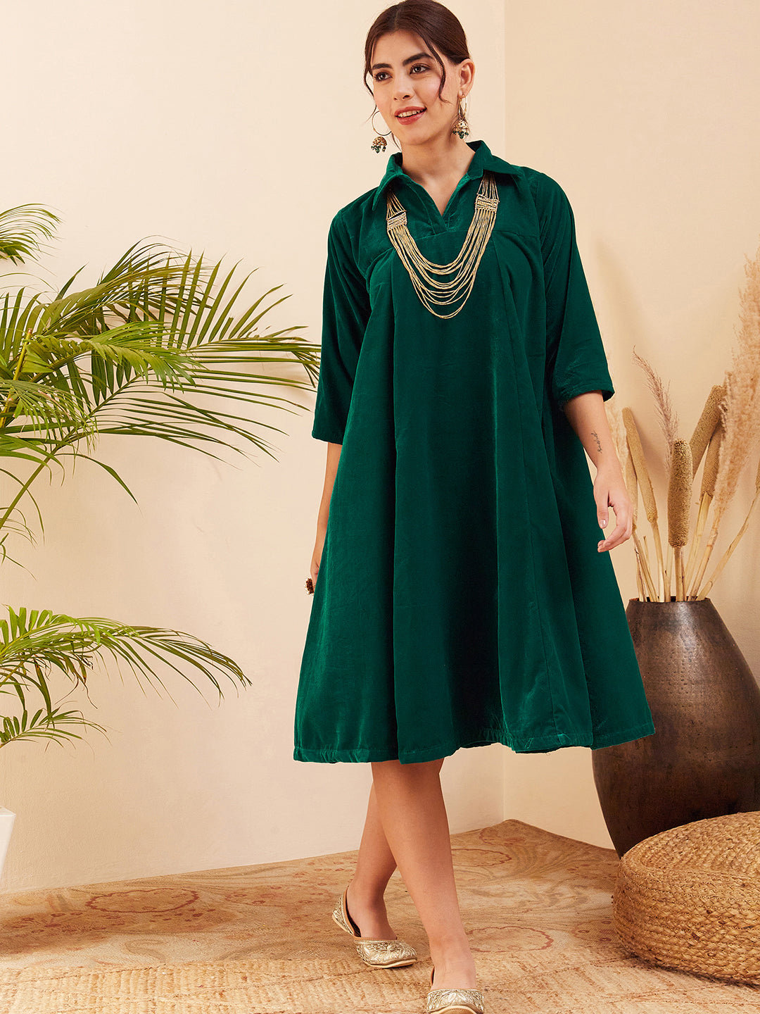 InWeave Women's Teal Velvet Collared Neck Flared Midi Dress - Swadesiicart
