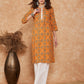 InWeave Women's Mustard Ethnic Print Lace Gota Work Straight Kurta - Swadesiicart