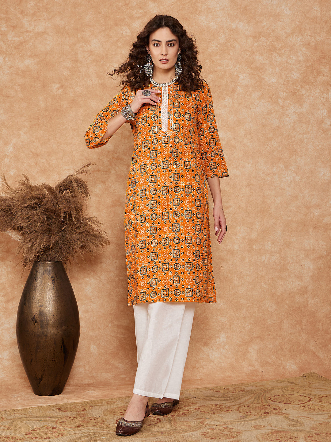 InWeave Women's Mustard Ethnic Print Lace Gota Work Straight Kurta - Swadesiicart