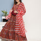 InWeave Women's Red Floral Print Tiered Dress With Lace With Red Leh Dupatta - Swadesiicart