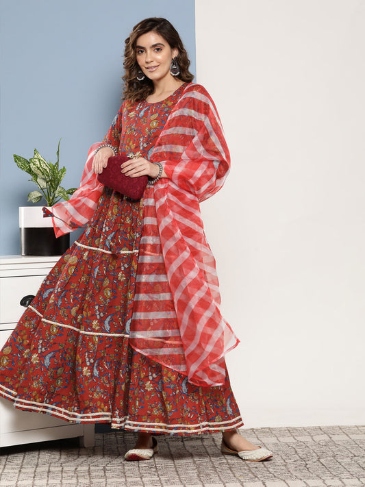 InWeave Women's Red Floral Print Tiered Dress With Lace With Red Leh Dupatta - Swadesiicart