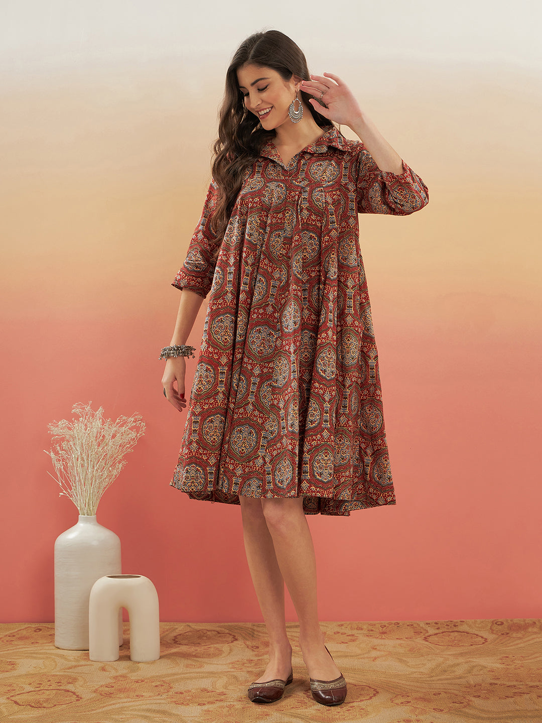 InWeave Women's Maroon Mughal Kalamkari Flared Dress - Swadesiicart