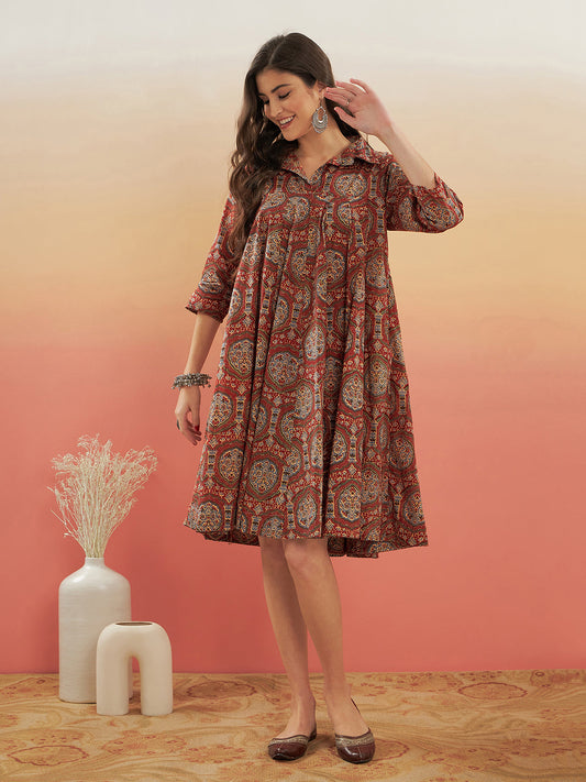 InWeave Women's Maroon Mughal Kalamkari Flared Dress - Swadesiicart