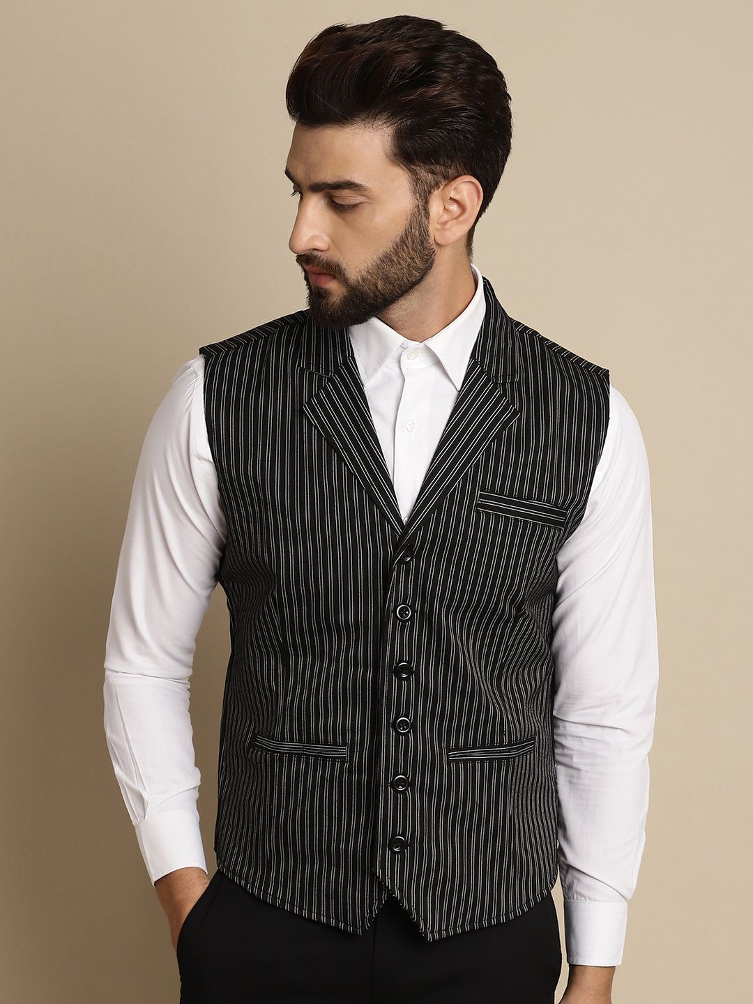 Even Apparels Men's Black Waistcoat with Notched Lapel | Swadesiicart