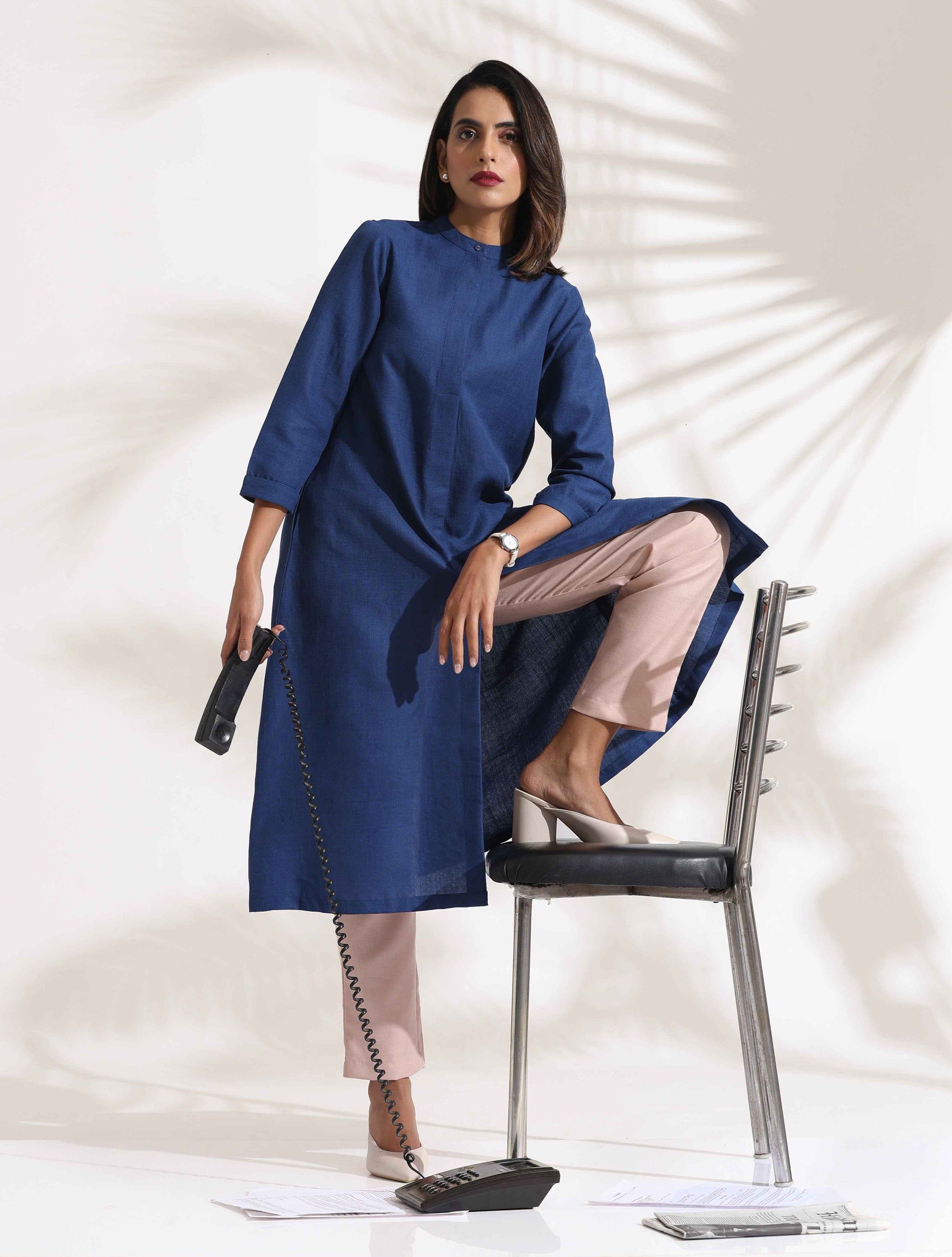 trueBrowns Blue Slub Kurta Set | Swadesiicart