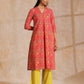 trueBrowns Flamingo Pink Overall Floral Block Print Cotton Slit Kurta Pant Set | Swadesiicart