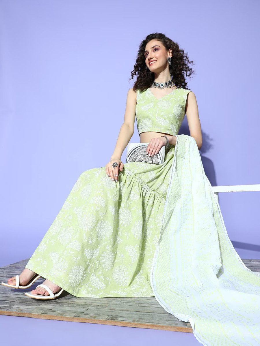 Ahalyaa Pure Cotton Green & White Printed Khari Print Ready to Wear Lehenga & Blouse With Dupatta | Swadesiicart