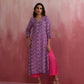 trueBrowns Purple Muslin Silk Printed Kurta Set | Swadesiicart