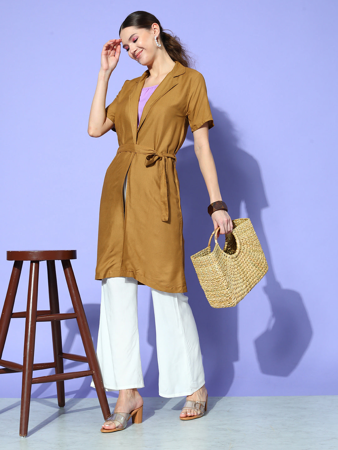 InWeave Women's Camel Brown Cream Pant Coord Set With Mauve Crop Top - Swadesiicart