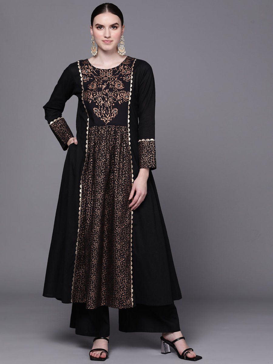Ahalyaa Women Black Floral Printed Pure Cotton Kurta with Palazzos | Swadesiicart