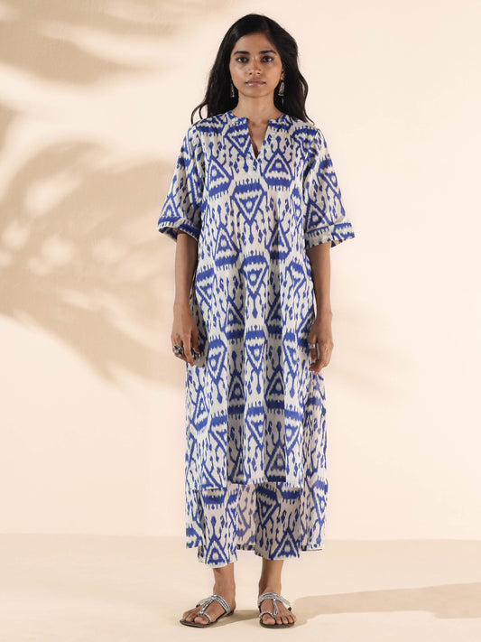 trueBrowns Blue Cotton Ikat High-Low Kurta Pant Set | Swadesiicart