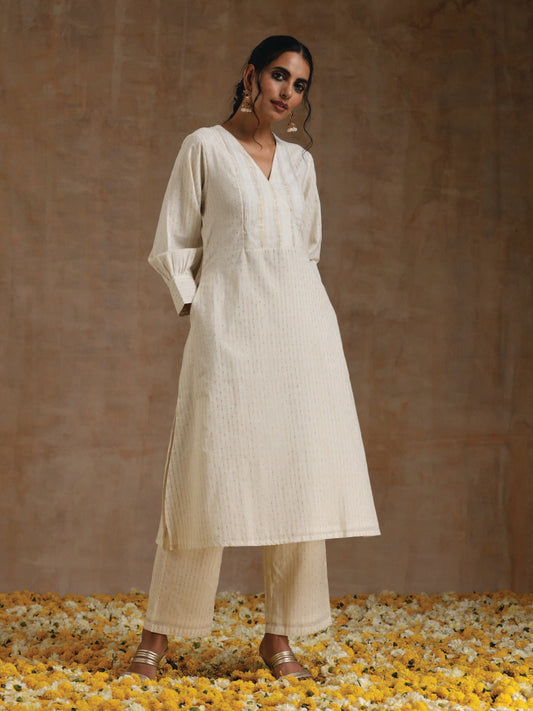 trueBrowns Ivory Gold Cotton Overlap Yoke Kurta Set | Swadesiicart