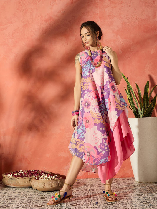 InWeave Purple Floral Peach Asymmetrical Dress - Swadesiicart