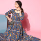 InWeave Women's Blue Floral Print Dress With Lace - Swadesiicart
