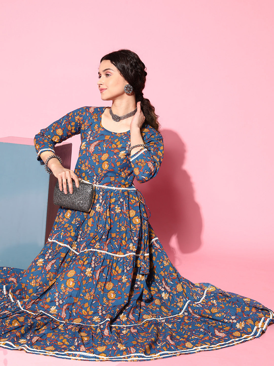 InWeave Women's Blue Floral Print Dress With Lace - Swadesiicart