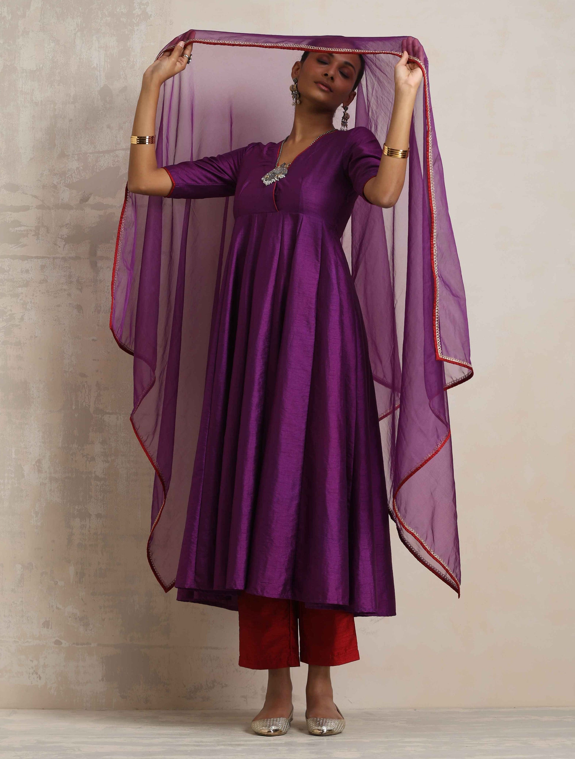trueBrowns Purple Silk Anarkali Kurta Pant Dupatta Set | Swadesiicart