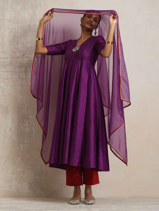 trueBrowns Purple Silk Anarkali Kurta Pant Dupatta Set | Swadesiicart