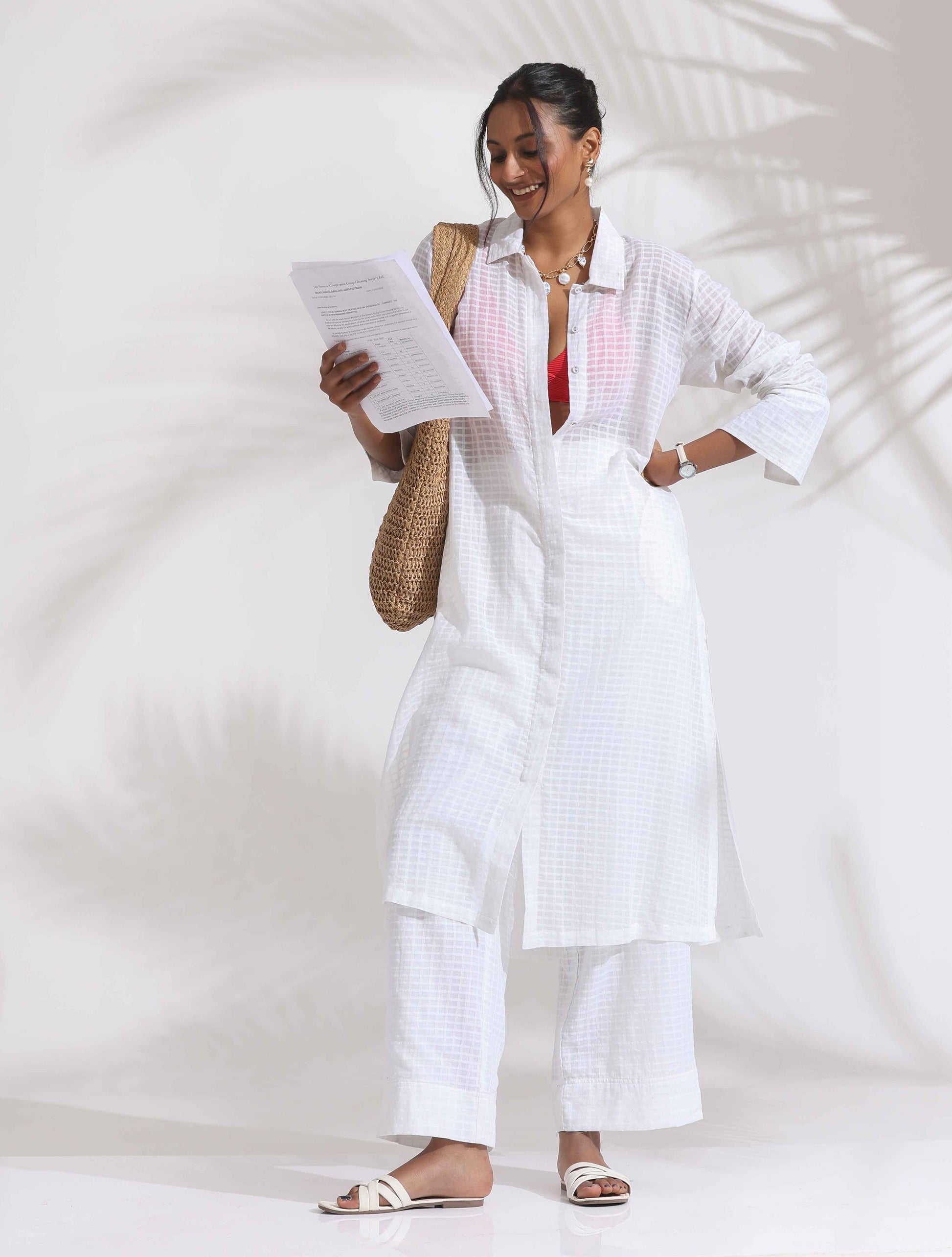 trueBrowns White Check Cotton Kurta Set | Swadesiicart