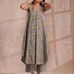 trueBrowns Grey Overall Floral Block Print Cotton Sleeveless Flared Kurta Pant Set | Swadesiicart