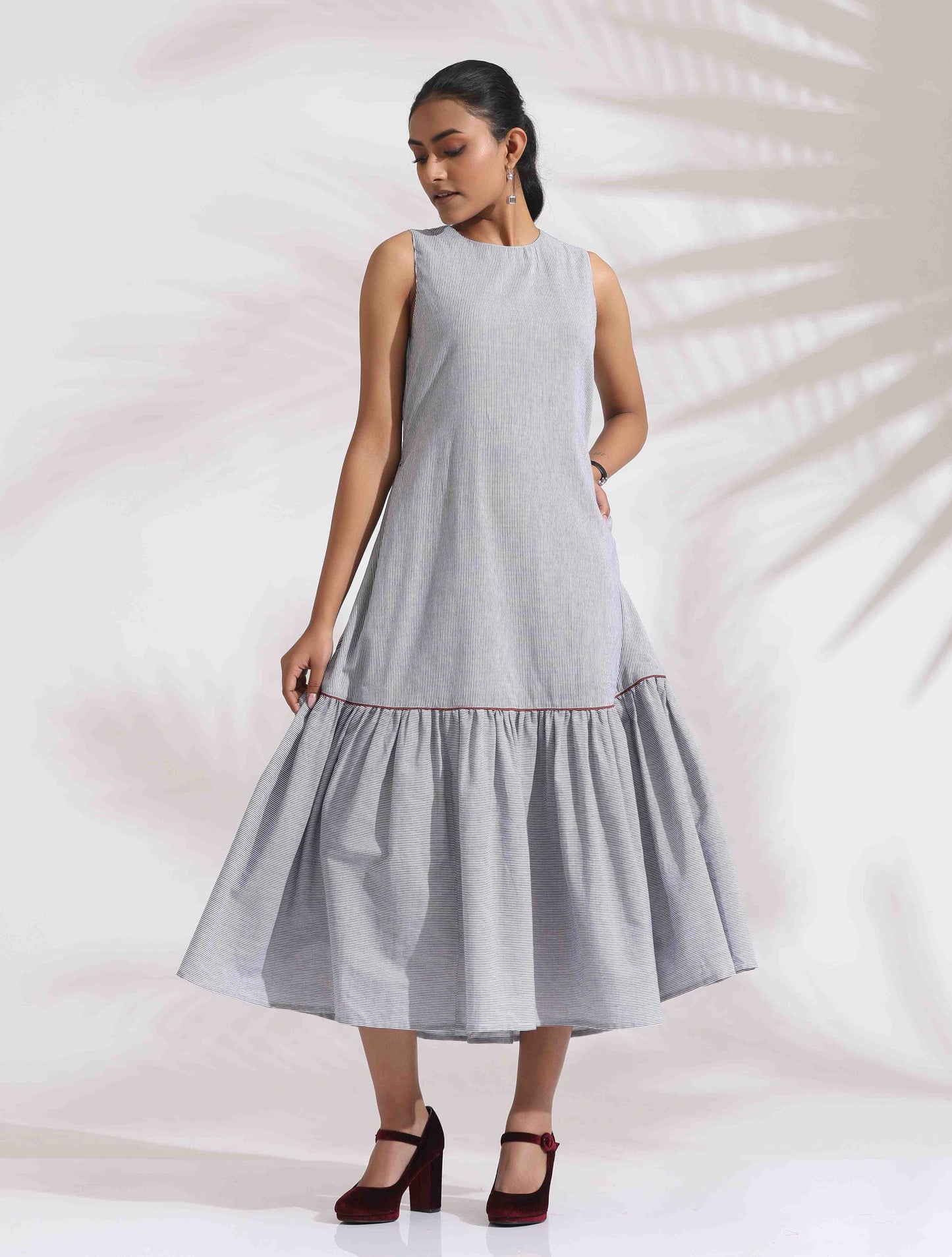 trueBrowns trueBrown Grey Cotton Stripe Tier Dress | Swadesiicart