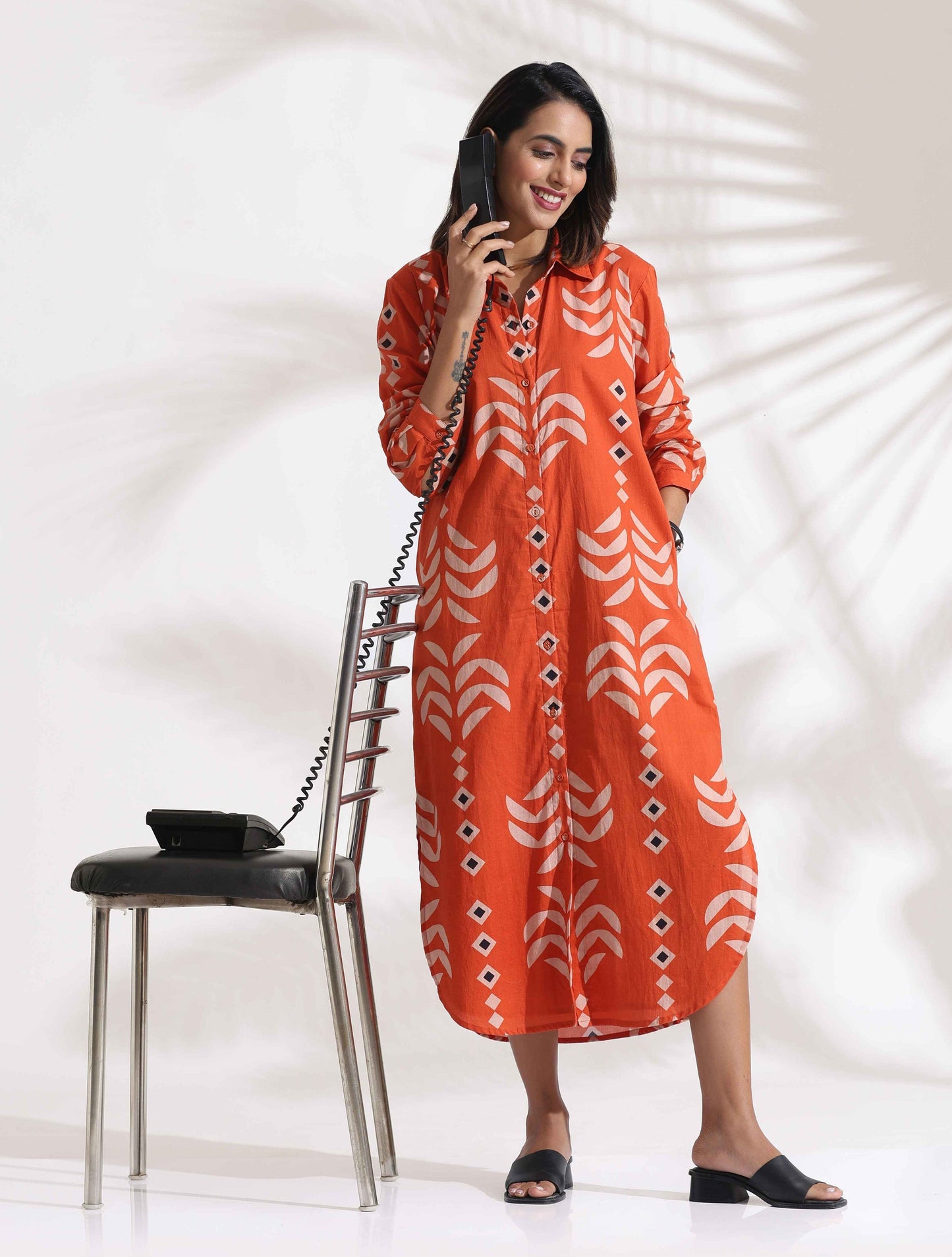 trueBrowns Orange Cotton Print Shirt Dress | Swadesiicart