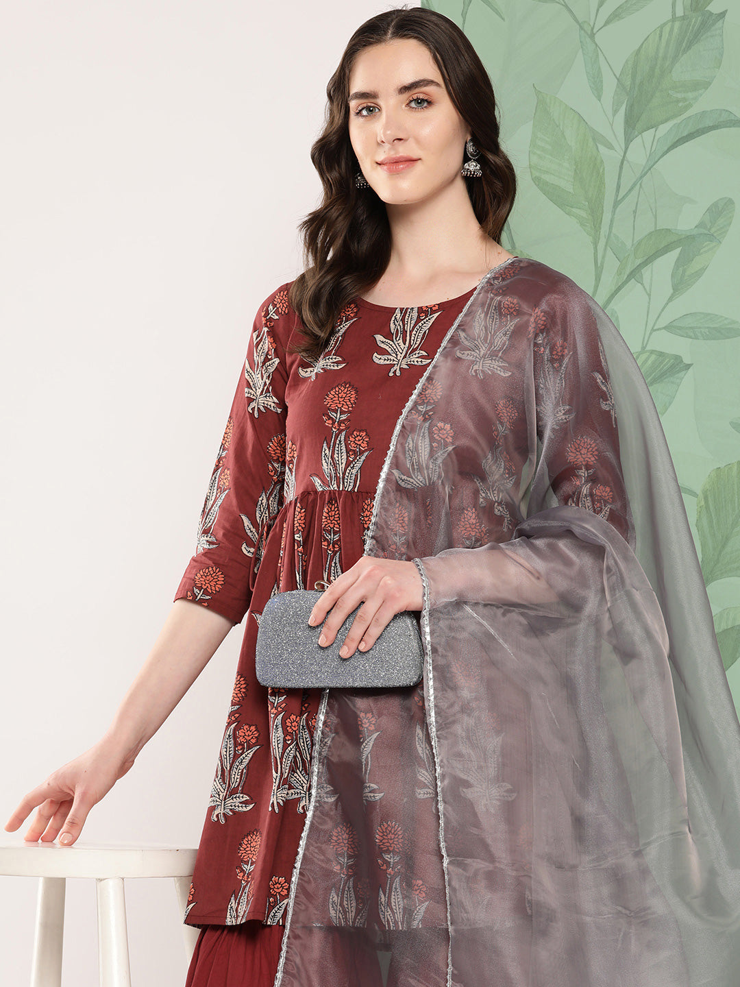 InWeave Women's Brick Rust Boota Sharara Set With Dupatta - Swadesiicart