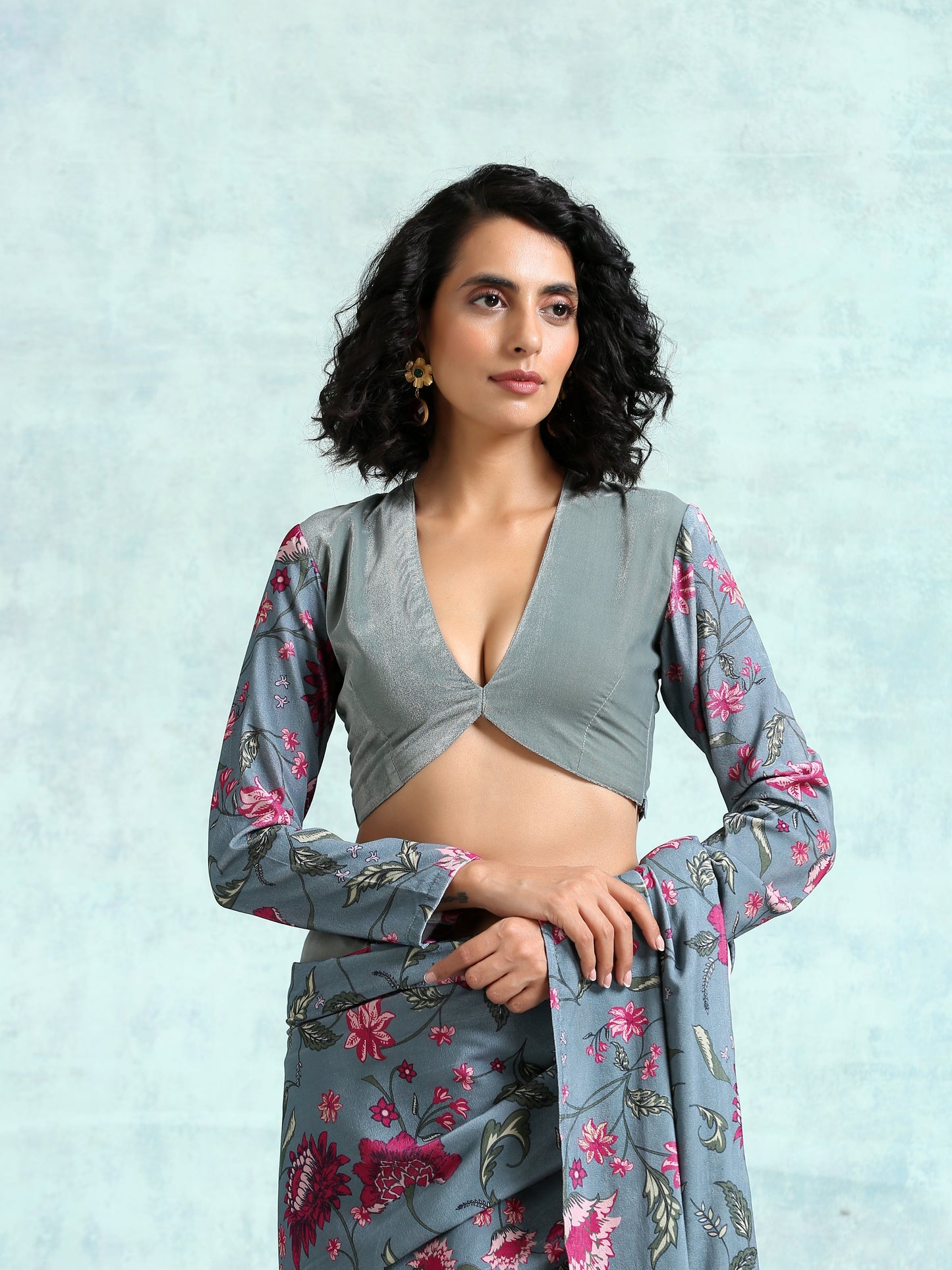 trueBrowns Grey Printed Sleeve Velvet Blouse | Swadesiicart