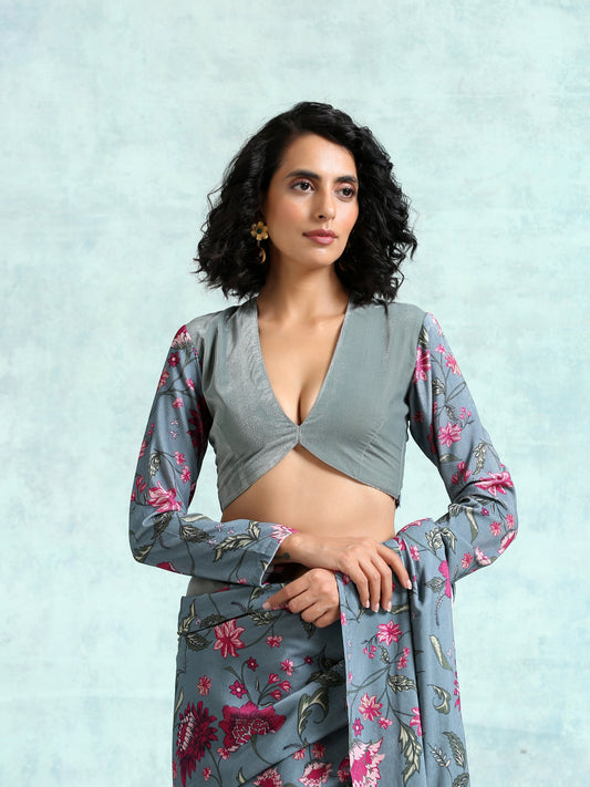 trueBrowns Grey Printed Sleeve Velvet Blouse | Swadesiicart