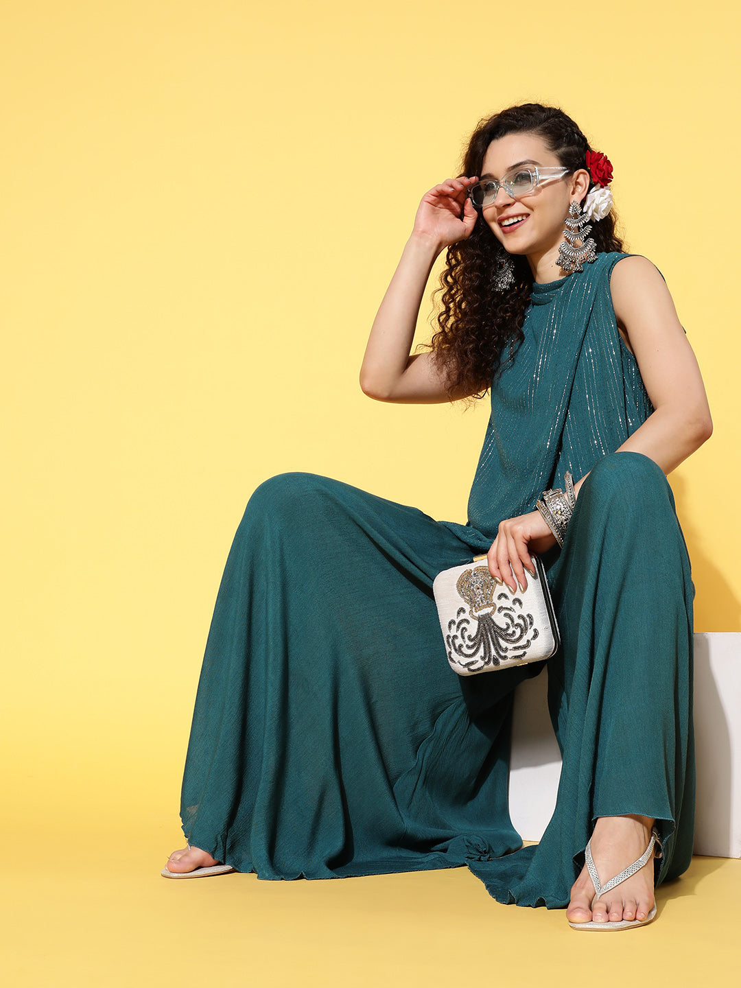 InWeave Women's Teal Lurex Top With Flared Pallazo - Swadesiicart