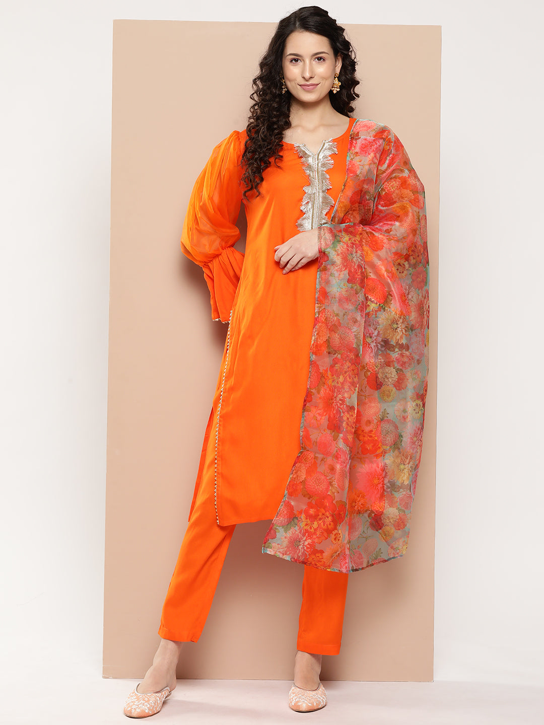 InWeave Women's Orange Organza Sleeve Kurta Set W Green Or Dupatta - Swadesiicart