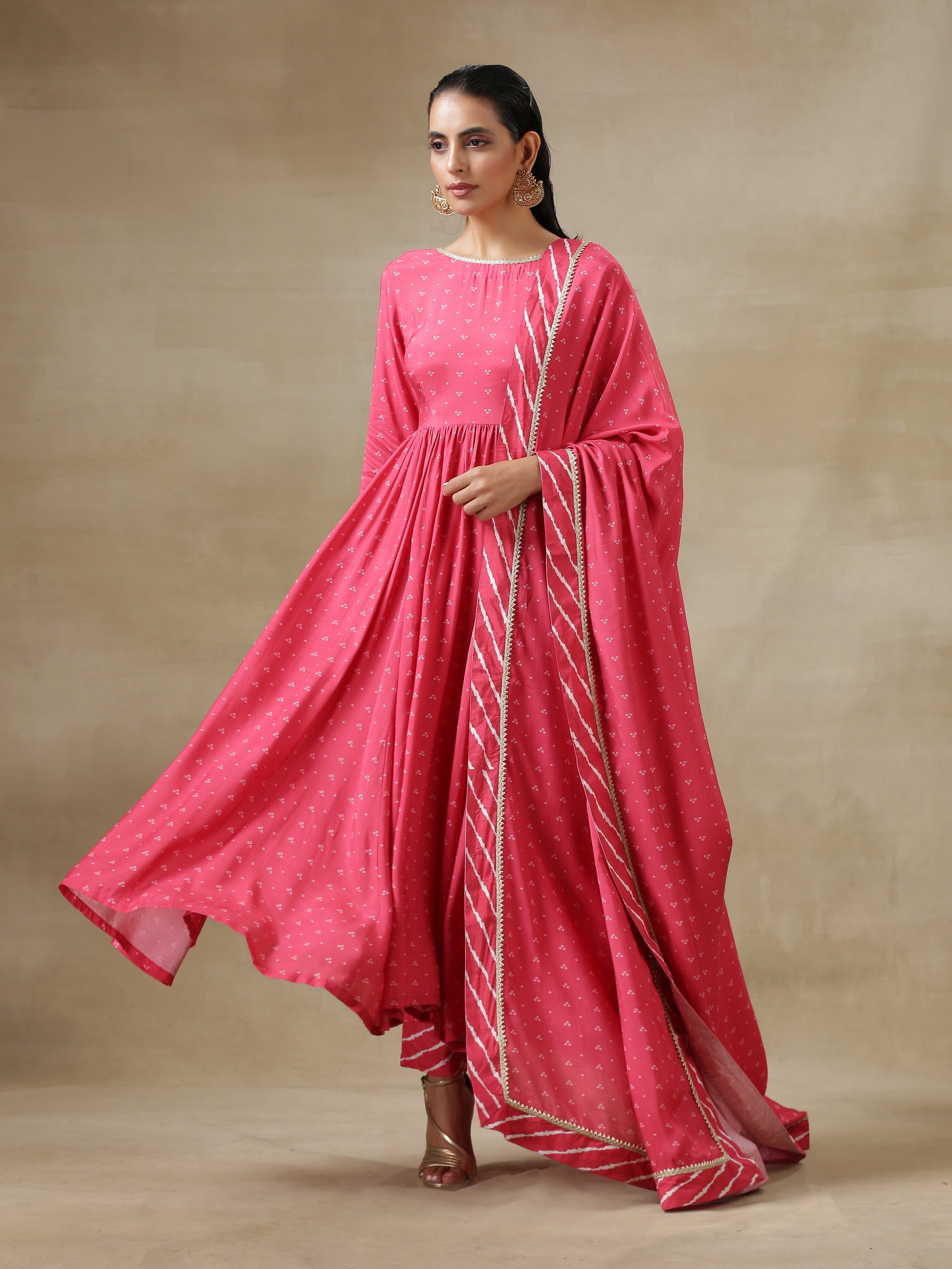 trueBrowns Pink Bandhani Printed Silk Anarkali Kurta Pant Dupatta Set | Swadesiicart
