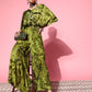 InWeave Women's Olive Tie And Dye New Neckline Top Culottes Set - Swadesiicart