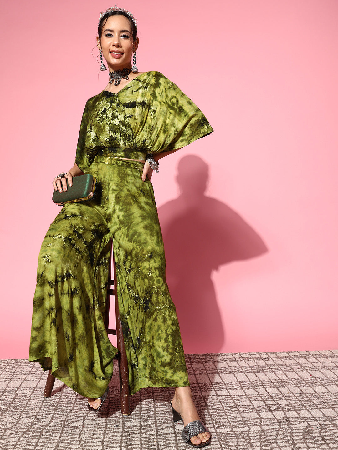 InWeave Women's Olive Tie And Dye New Neckline Top Culottes Set - Swadesiicart