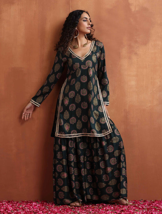 trueBrowns Green Foil Print Sharara Set | Swadesiicart